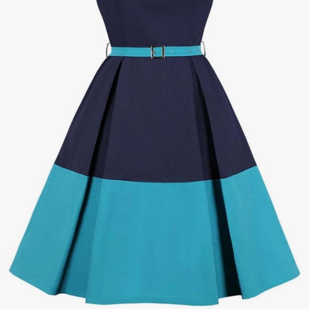 Navy Blue and Blue Scoop Neck Retro Midi Dress with Pockets and Belt, Size Small - Picture 1 of 12